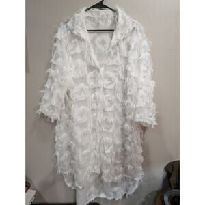 White gauzy eyelash fringe collared buttoned dress w/3/4 length sleeves XL